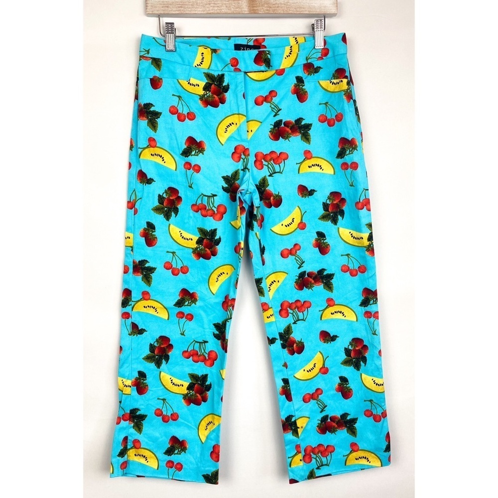 Womens Vintage Fruit Print Wide Leg Pants 9 Blue Retro‎ Cropped Dopamine Unique